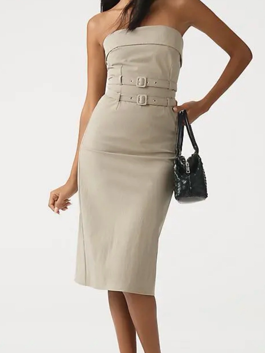 Anthropologie Strapless Beige-Tan Double-Belt Midi Dress